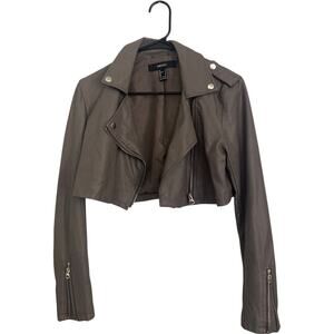 FOREVER 21 Women's Gray Faux Leather Motorcycle Jacket Size S Biker Moto Style